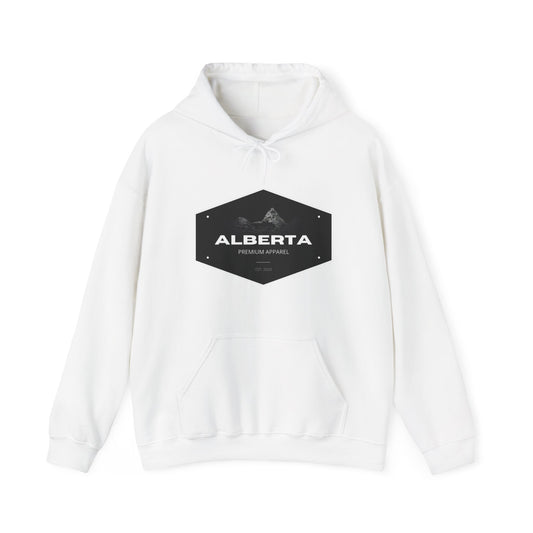 Alberta Hex Logo Hoodie — Vintage Mountain Crest Sweatshirt