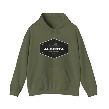 Alberta Hex Logo Hoodie — Vintage Mountain Crest Sweatshirt